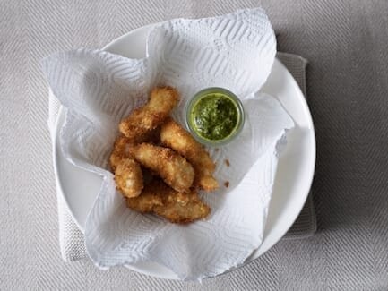Crispy Norwegian cod cheeks with dill, anchovy & pickled cucumber salsa