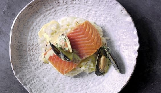 Poached Norwegian Fjord Trout with Saffron-Scented Mussels & Lime Risotto