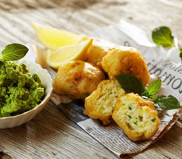 Fried Norwegian cod patties with pea purée