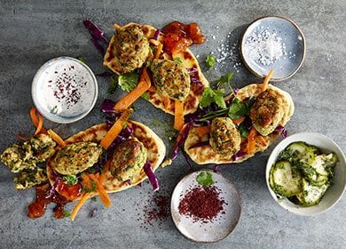 Norwegian Cod koftas with sumac yoghurt and pickled cucumber
