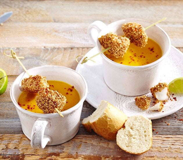 Curried squash soup with haddock and sesame skewers