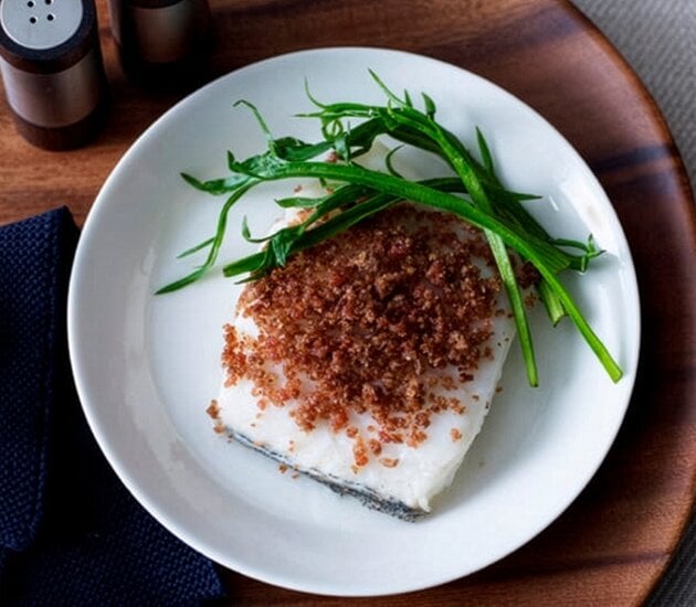 Roasted Norwegian haddock with bacon & rye crisp and sea vegetables
