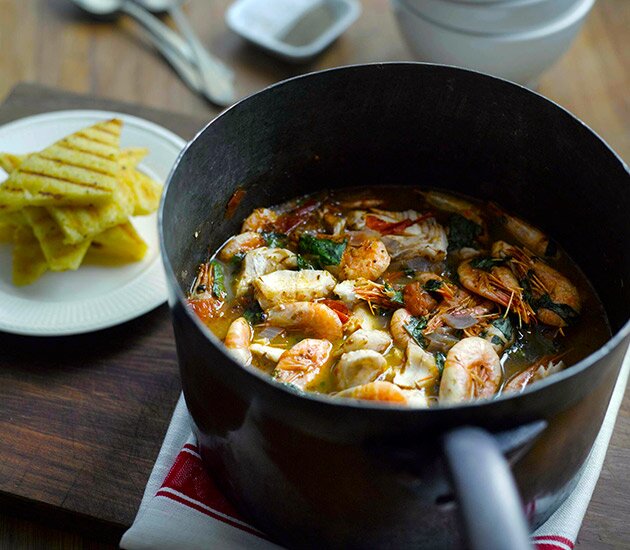 Norwegian seafood stew with polenta wedges