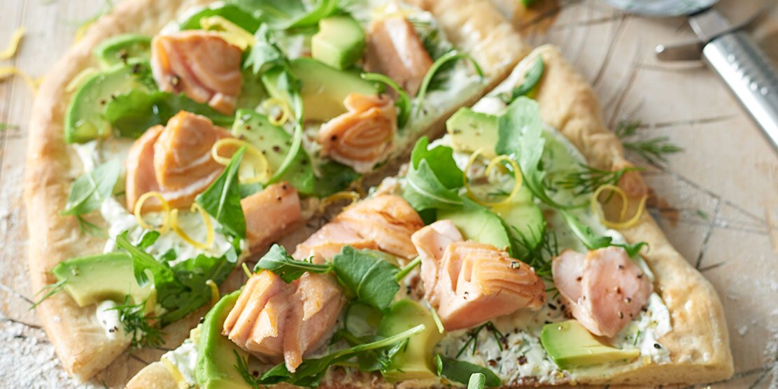 Summer Salmon Flat breads with Avocado, Lemon & Rocket