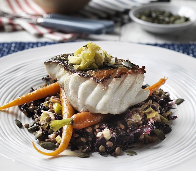 Lightly poached SKREI® with leek butter, puy lentils, kale and pumpkin seeds