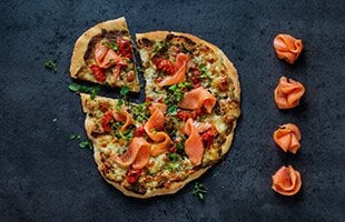 Pizza with Pesto, Mozzarella and Smoked Norwegian Salmon
